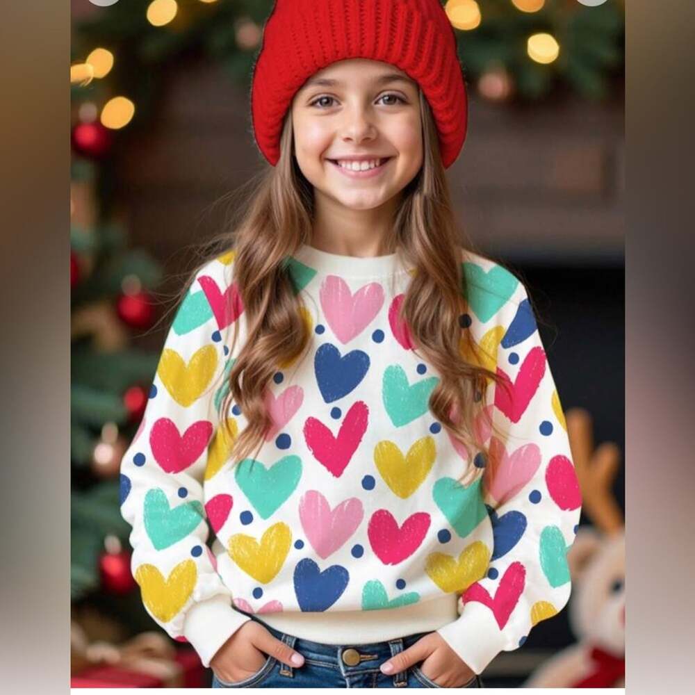 Shein Leap Crew Heart Printed Sweatshirt Multicolor Heart Print Girl’s Size 12